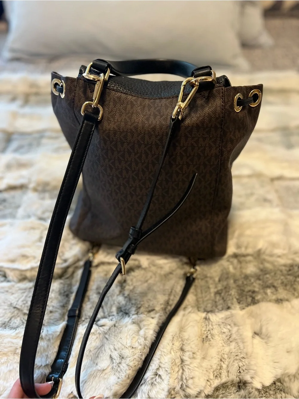 Michael Kors Brown Signature MK Canvas Backpack with Black Leather Flap